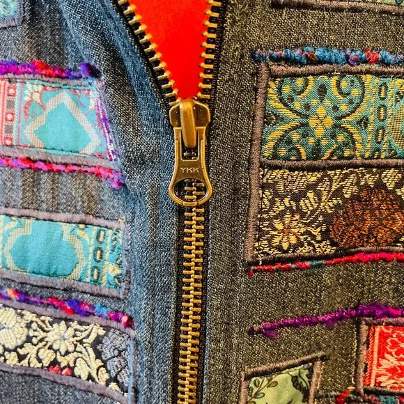 Coldwater Creek Denim Patchwork Embroidered Applique Zip Collared Vest | Large - Picture 5 of 8